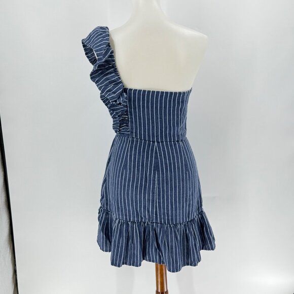 Alexis Konner one-shoulder striped mini dress in a blue and white linen blend, M - Picture 3 of 14